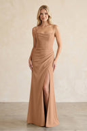 Cami Strap Chiffon Sheath Bridesmaid Dress with Slit in Bronzer - KissProm BRIDESMAID DRESSES