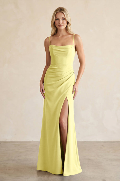 Cami Strap Chiffon Sheath Bridesmaid Dress with Slit in Buttercup - KissProm BRIDESMAID DRESSES