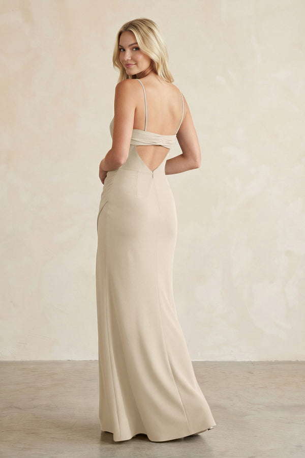Cami Strap Chiffon Sheath Bridesmaid Dress with Slit in Champagne - KissProm BRIDESMAID DRESSES