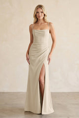 Cami Strap Chiffon Sheath Bridesmaid Dress with Slit in Champagne - KissProm BRIDESMAID DRESSES