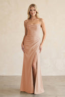 Cami Strap Chiffon Sheath Bridesmaid Dress with Slit in Champagne Rose - KissProm BRIDESMAID DRESSES
