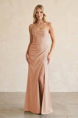 Cami Strap Chiffon Sheath Bridesmaid Dress with Slit in Champagne Rose - KissProm BRIDESMAID DRESSES
