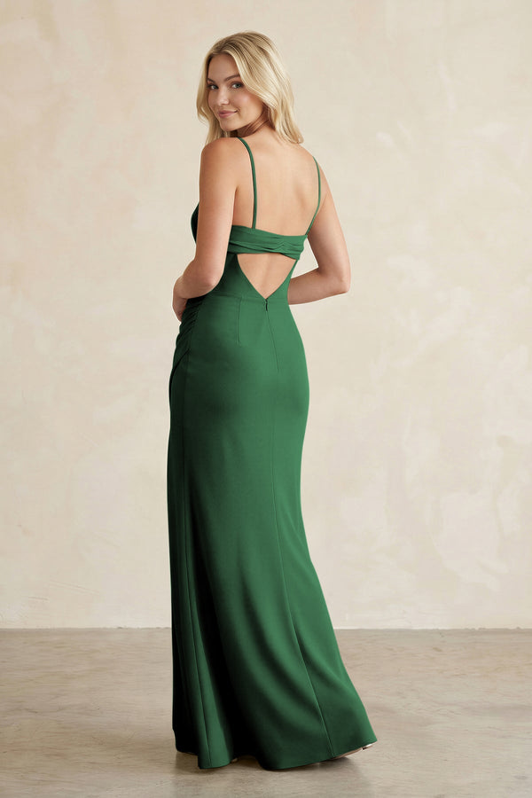 Cami Strap Chiffon Sheath Bridesmaid Dress with Slit in Dark Green - KissProm BRIDESMAID DRESSES