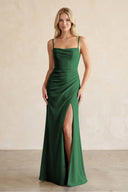 Cami Strap Chiffon Sheath Bridesmaid Dress with Slit in Dark Green - KissProm BRIDESMAID DRESSES