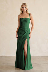 Cami Strap Chiffon Sheath Bridesmaid Dress with Slit in Dark Green - KissProm BRIDESMAID DRESSES