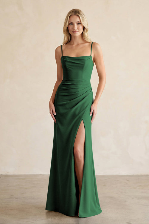 Cami Strap Chiffon Sheath Bridesmaid Dress with Slit in Dark Green - KissProm BRIDESMAID DRESSES