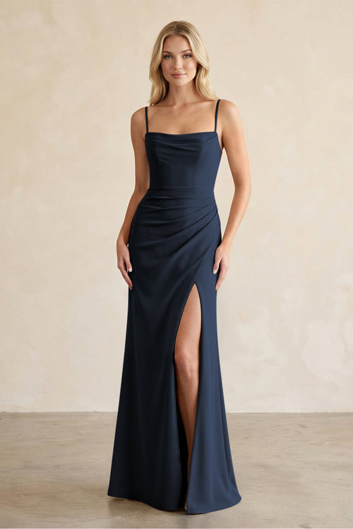 Cami Strap Chiffon Sheath Bridesmaid Dress with Slit in Dark Navy - KissProm BRIDESMAID DRESSES