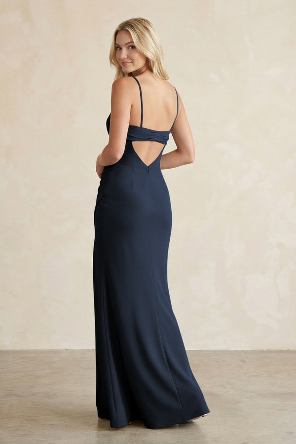 Cami Strap Chiffon Sheath Bridesmaid Dress with Slit in Dark Navy - KissProm BRIDESMAID DRESSES