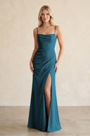 Cami Strap Chiffon Sheath Bridesmaid Dress with Slit in Dark Teal - KissProm BRIDESMAID DRESSES