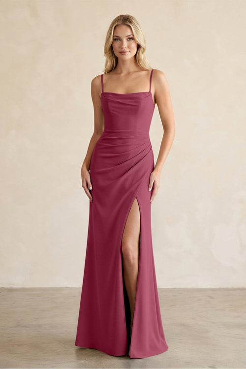 Cami Strap Chiffon Sheath Bridesmaid Dress with Slit in Desert Rose - KissProm BRIDESMAID DRESSES