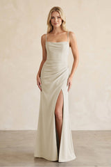Cami Strap Chiffon Sheath Bridesmaid Dress with Slit in Dove Gray - KissProm Bridesmaid Dresses