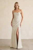 Cami Strap Chiffon Sheath Bridesmaid Dress with Slit in Dove Gray - KissProm Bridesmaid Dresses