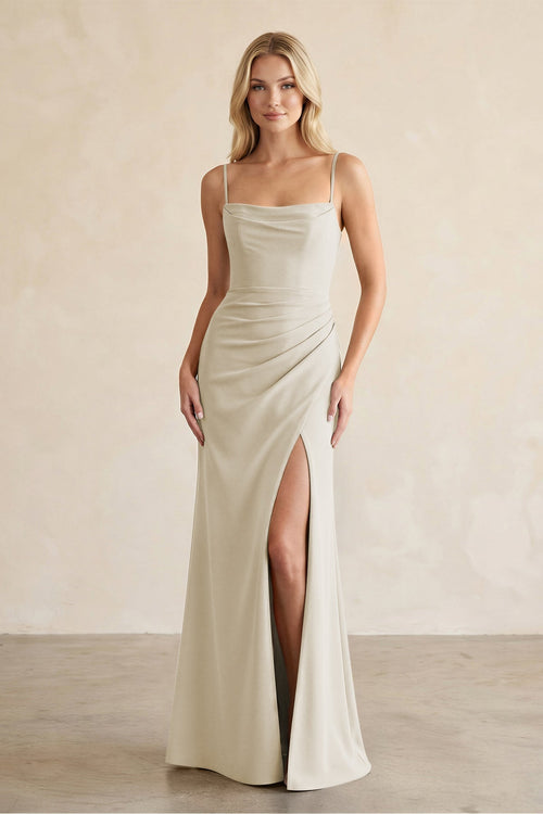 Cami Strap Chiffon Sheath Bridesmaid Dress with Slit in Dove Gray - KissProm Bridesmaid Dresses