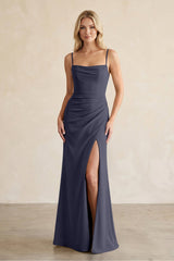 Cami Strap Chiffon Sheath Bridesmaid Dress with Slit in Dusk Blue - KissProm BRIDESMAID DRESSES
