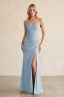 Cami Strap Chiffon Sheath Bridesmaid Dress with Slit in Dusty Blue - KissProm BRIDESMAID DRESSES