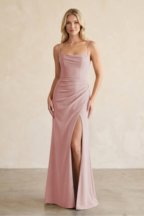 Cami Strap Chiffon Sheath Bridesmaid Dress with Slit in Dusty Rose - KissProm BRIDESMAID DRESSES