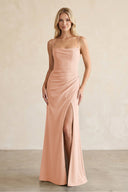 Cami Strap Chiffon Sheath Bridesmaid Dress with Slit in English Rose - KissProm BRIDESMAID DRESSES