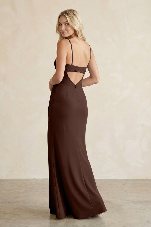 Cami Strap Chiffon Sheath Bridesmaid Dress with Slit in Espresso - KissProm BRIDESMAID DRESSES