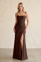 Cami Strap Chiffon Sheath Bridesmaid Dress with Slit in Espresso - KissProm BRIDESMAID DRESSES