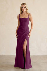 Cami Strap Chiffon Sheath Bridesmaid Dress with Slit in Fig - KissProm BRIDESMAID DRESSES