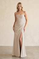 Cami Strap Chiffon Sheath Bridesmaid Dress with Slit in Frost - KissProm BRIDESMAID DRESSES
