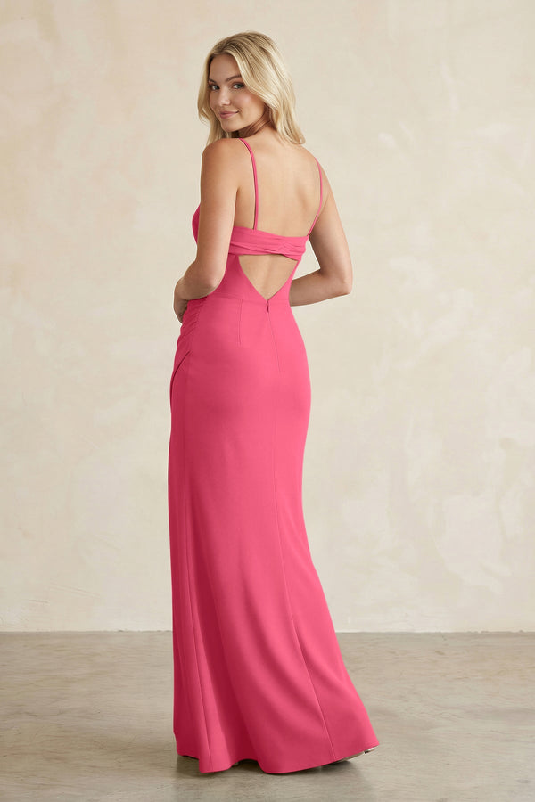 Cami Strap Chiffon Sheath Bridesmaid Dress with Slit in Fuchsia - KissProm BRIDESMAID DRESSES