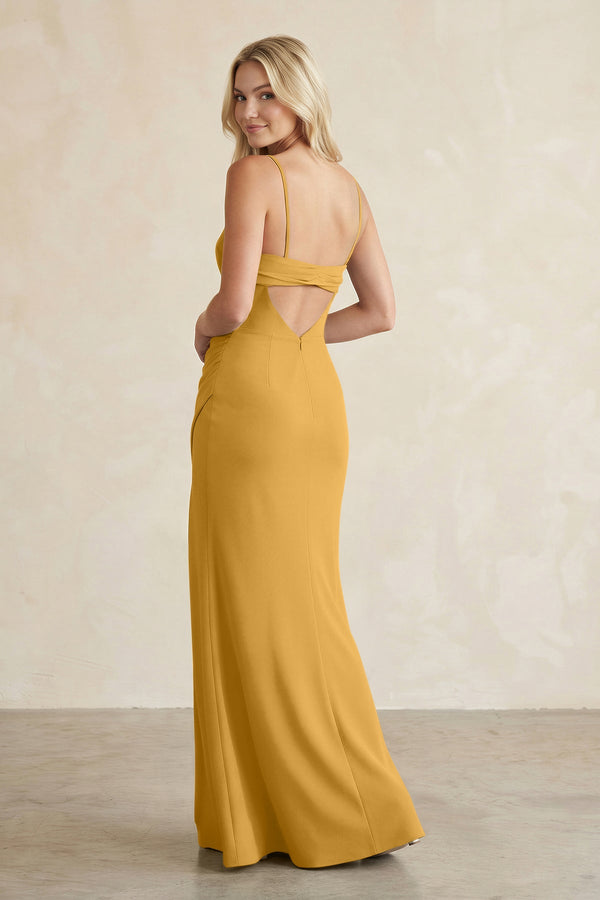 Cami Strap Chiffon Sheath Bridesmaid Dress with Slit in Marigold - KissProm BRIDESMAID DRESSES