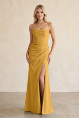 Cami Strap Chiffon Sheath Bridesmaid Dress with Slit in Marigold - KissProm BRIDESMAID DRESSES