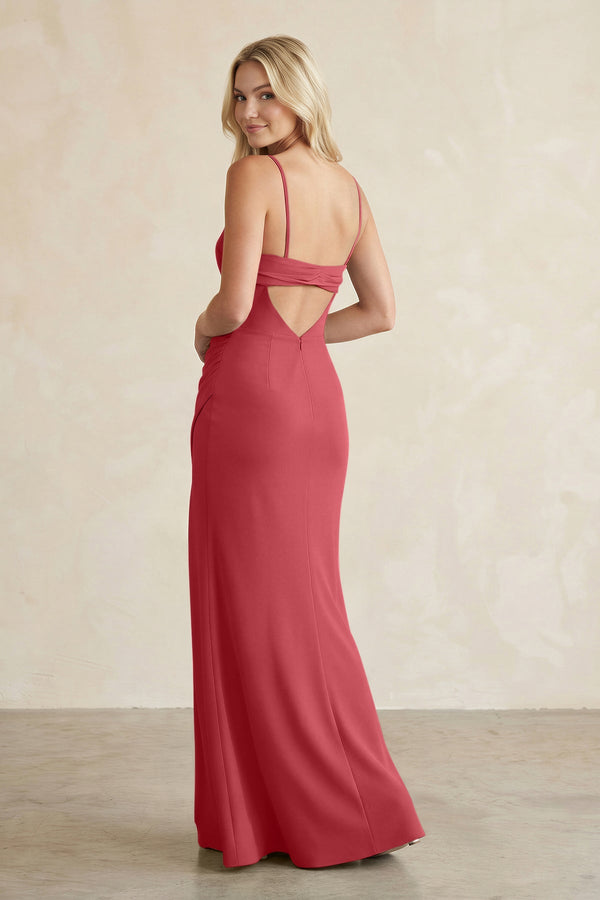 Cami Strap Chiffon Sheath Bridesmaid Dress with Slit in Merlot - KissProm BRIDESMAID DRESSES