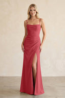 Cami Strap Chiffon Sheath Bridesmaid Dress with Slit in Merlot - KissProm BRIDESMAID DRESSES