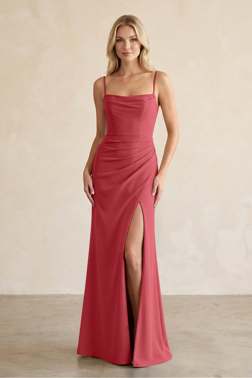 Cami Strap Chiffon Sheath Bridesmaid Dress with Slit in Merlot - KissProm BRIDESMAID DRESSES