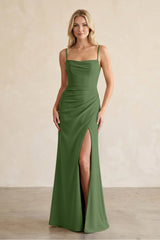 Cami Strap Chiffon Sheath Bridesmaid Dress with Slit in Moss - KissProm BRIDESMAID DRESSES