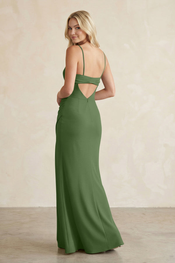 Cami Strap Chiffon Sheath Bridesmaid Dress with Slit in Moss - KissProm BRIDESMAID DRESSES
