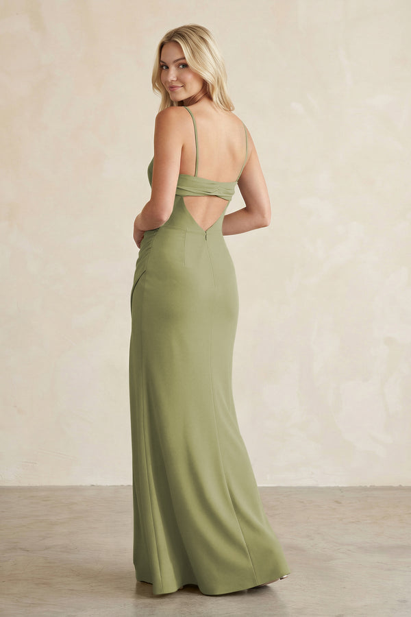 Cami Strap Chiffon Sheath Bridesmaid Dress with Slit in Moss Green - KissProm BRIDESMAID DRESSES