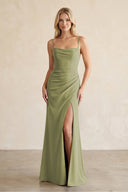 Cami Strap Chiffon Sheath Bridesmaid Dress with Slit in Moss Green - KissProm BRIDESMAID DRESSES