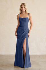 Cami Strap Chiffon Sheath Bridesmaid Dress with Slit in Navy - KissProm BRIDESMAID DRESSES
