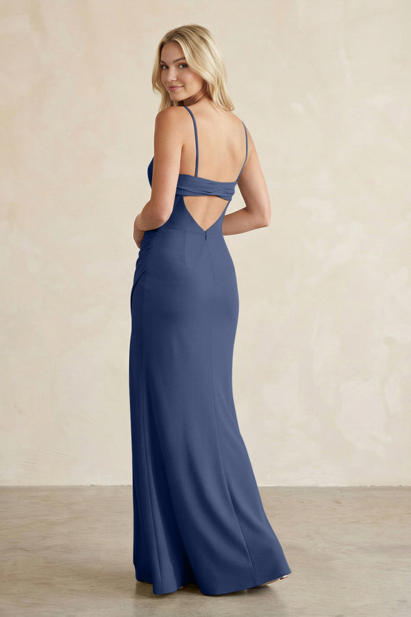 Cami Strap Chiffon Sheath Bridesmaid Dress with Slit in Navy - KissProm BRIDESMAID DRESSES