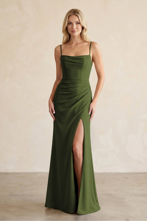 Cami Strap Chiffon Sheath Bridesmaid Dress with Slit in Olive - KissProm BRIDESMAID DRESSES