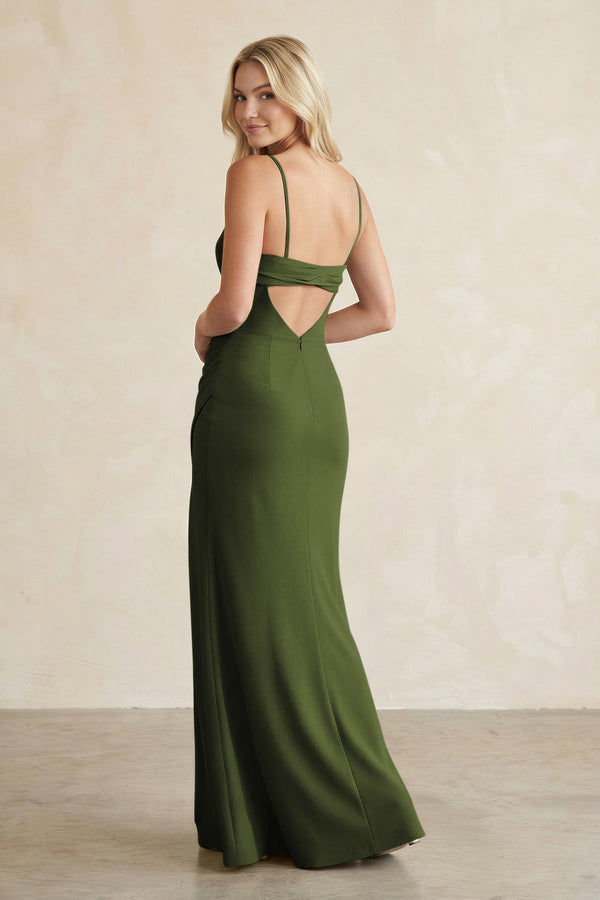 Cami Strap Chiffon Sheath Bridesmaid Dress with Slit in Olive - KissProm BRIDESMAID DRESSES