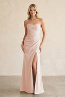 Cami Strap Chiffon Sheath Bridesmaid Dress with Slit in Pale Blush - KissProm BRIDESMAID DRESSES