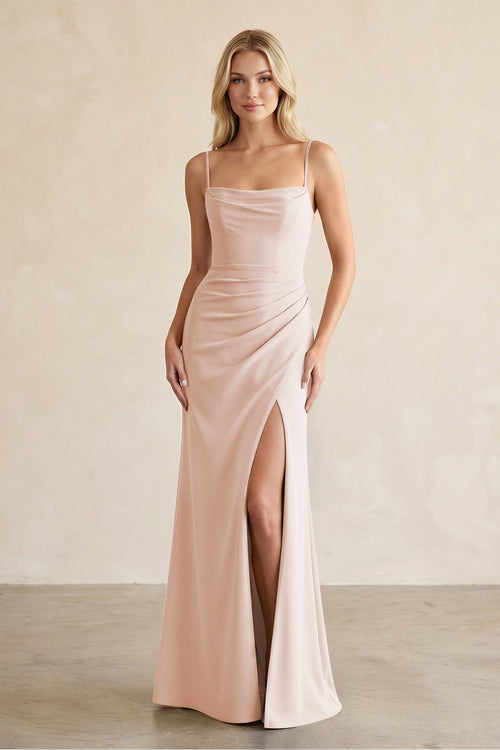 Cami Strap Chiffon Sheath Bridesmaid Dress with Slit in Pale Blush - KissProm BRIDESMAID DRESSES