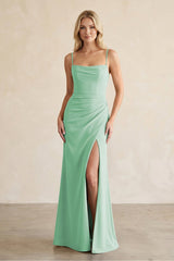 Cami Strap Chiffon Sheath Bridesmaid Dress with Slit in Pale Pistachio - KissProm Bridesmaid Dresses