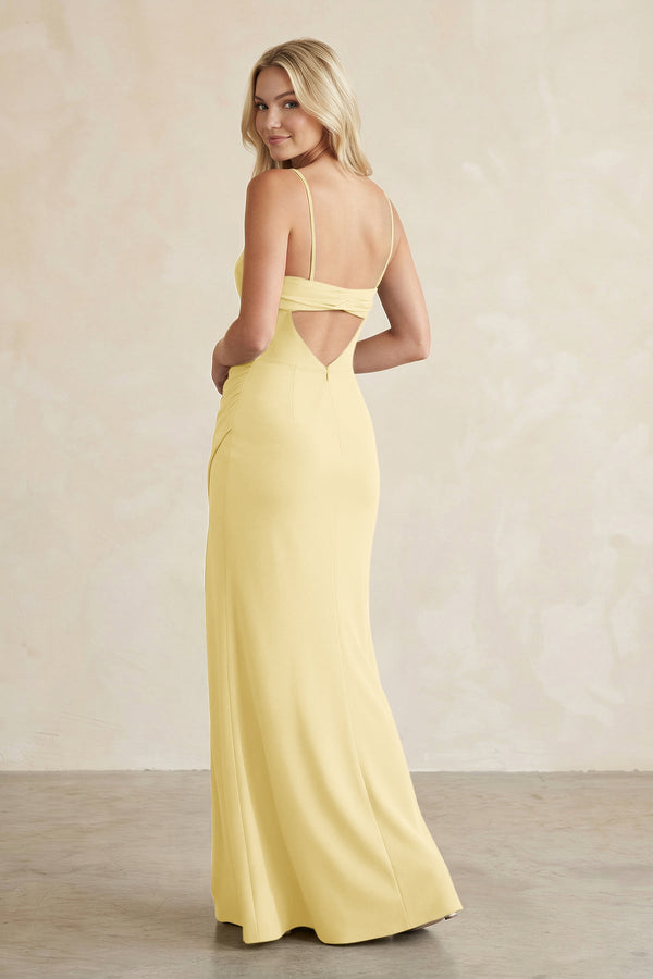 Cami Strap Chiffon Sheath Bridesmaid Dress with Slit in Pastel Yellow - KissProm BRIDESMAID DRESSES