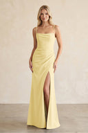 Cami Strap Chiffon Sheath Bridesmaid Dress with Slit in Pastel Yellow - KissProm BRIDESMAID DRESSES