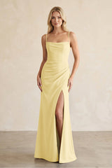 Cami Strap Chiffon Sheath Bridesmaid Dress with Slit in Pastel Yellow - KissProm BRIDESMAID DRESSES