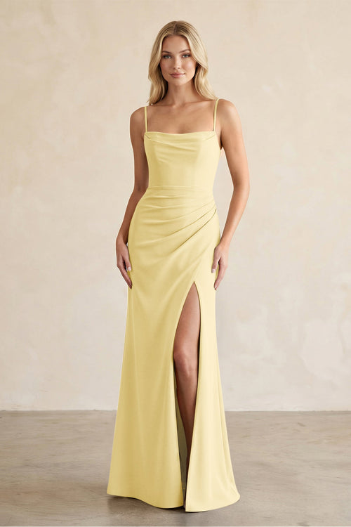 Cami Strap Chiffon Sheath Bridesmaid Dress with Slit in Pastel Yellow - KissProm BRIDESMAID DRESSES