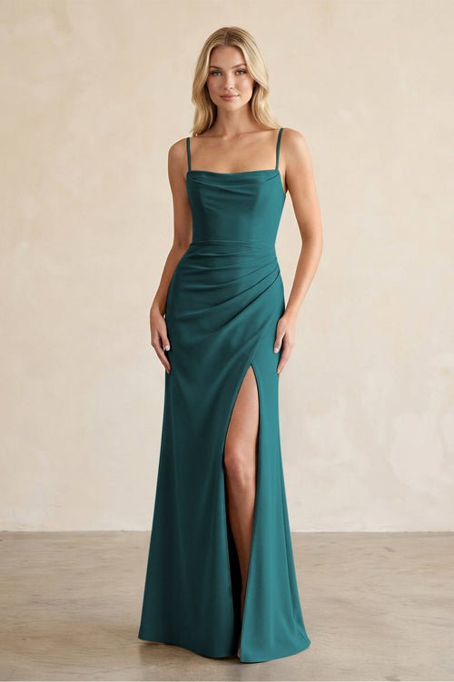 Cami Strap Chiffon Sheath Bridesmaid Dress with Slit in Pine - KissProm BRIDESMAID DRESSES