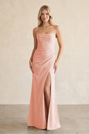 Cami Strap Chiffon Sheath Bridesmaid Dress with Slit in Rose Petal - KissProm BRIDESMAID DRESSES