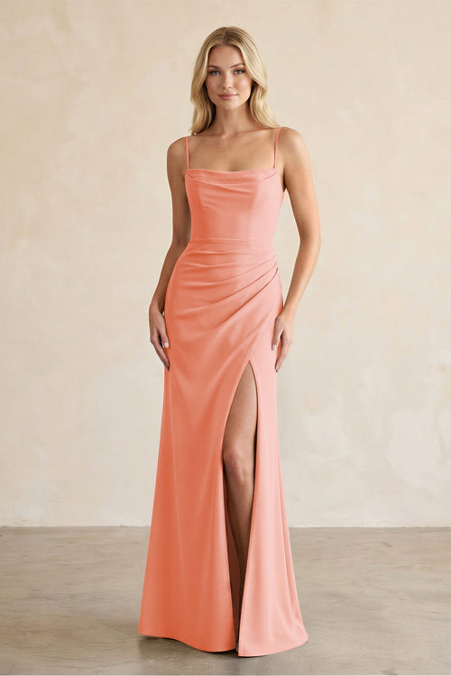 Cami Strap Chiffon Sheath Bridesmaid Dress with Slit in Rosette - KissProm BRIDESMAID DRESSES