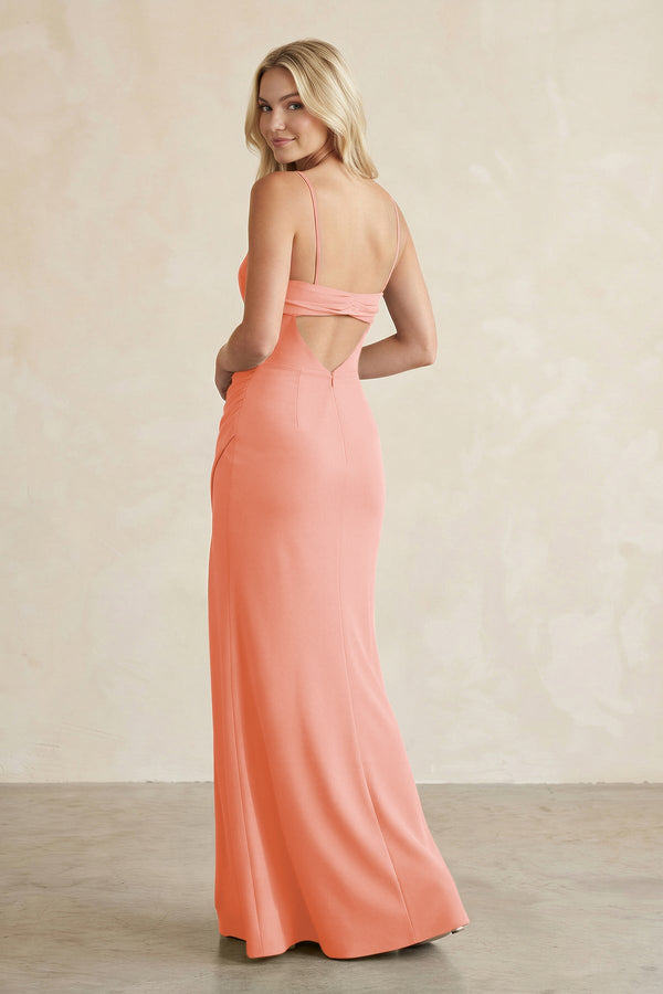 Cami Strap Chiffon Sheath Bridesmaid Dress with Slit in Rosette - KissProm BRIDESMAID DRESSES